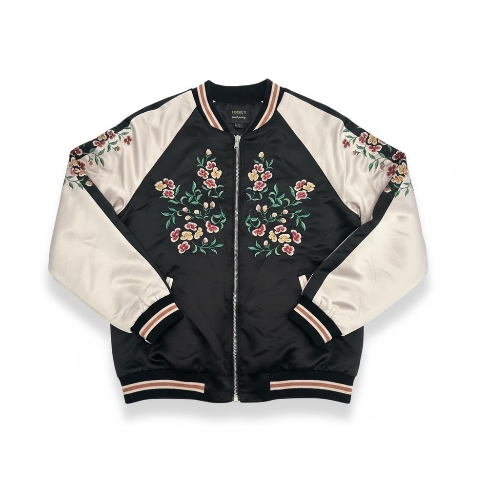 Forever 21 Bomber Jacket Black Floral Peacock Excellent Small Women Y2K